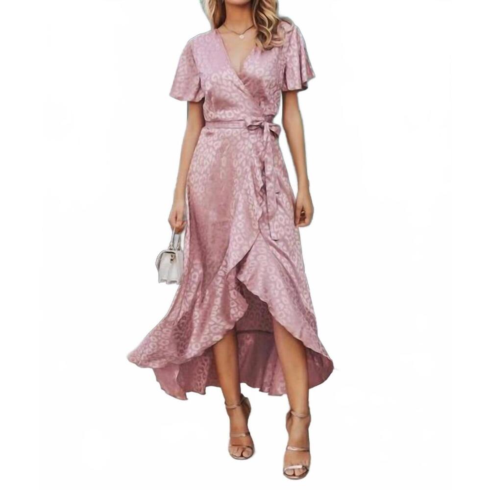 NEW SIMPLEE APPAREL asymmetrical ruffle hem wrap maxi dress in pink pastel